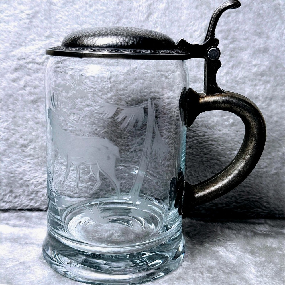 Beer Stein Vintage‎ Etched Glass Pewter Lid Stag Deer Forest Scene German Style